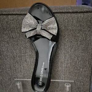 Wild Diva Black Slide Sandals with Rhinestone Bow